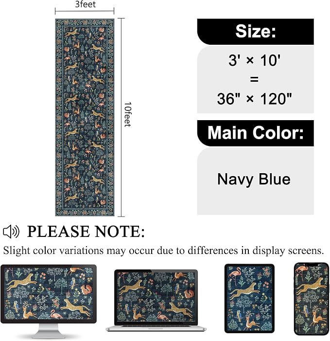 DUKINO 3x10 Washable Runner Rug for Hallway, Lightweight Long Kitchen Rug with Low Pile Design, Vintage Animal Non Shedding Thin Indoor Carpet for Entryway, Bathroom, Bedroom, Laundry Room, Navy Blue