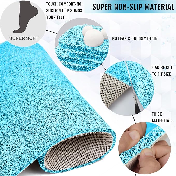 godehone Shower Mats Non Slip Without Suction Cups, PVC Loofah Bathroom Mats, Loofah Mats for Shower and Bathroom, Quick Drying, 23.6× 47.2 Inch, Turquoise Blue