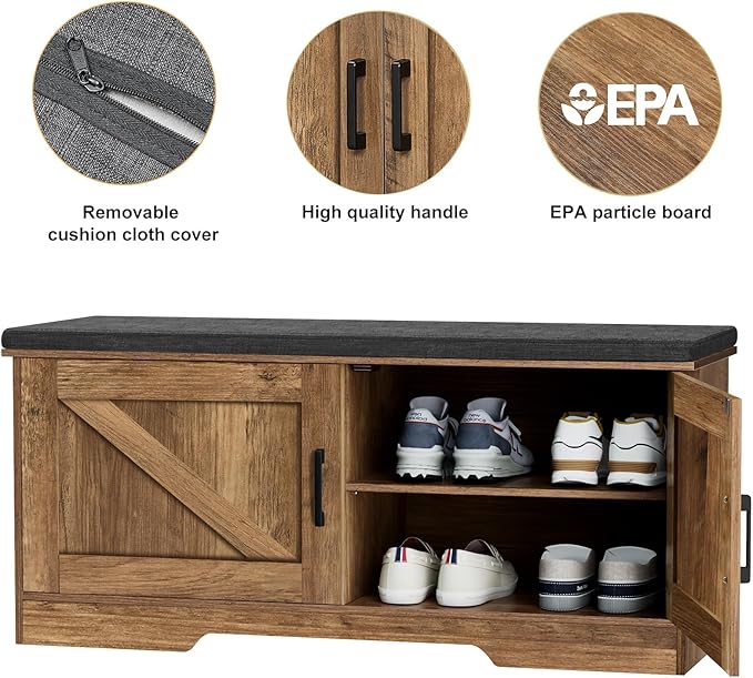 HOMSHO 2-Tier Storage Bench, 39.4" Wide Shoe Bench with Padded Seat Cushion, Entryway Bench with 2 Barn Doors and Adjustable Shelf, Rustic Walnut