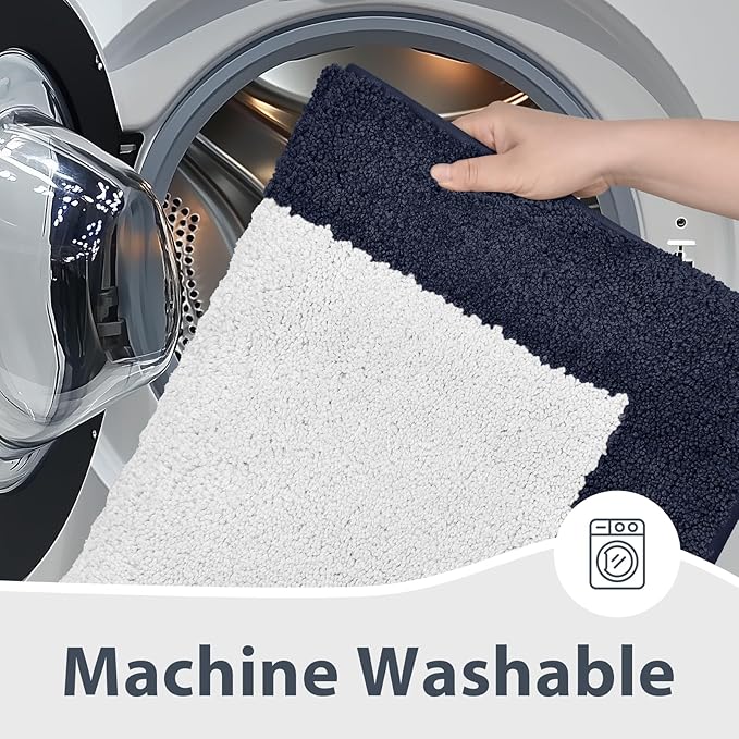 anllugs Bathroom Rugs 24" x 60", Non-Slip Extra Soft Absorbent Bath Rugs, Machine Washable Quick Dry Bath Mats for Bathroom Floor, Shower, Bathtub and Sink, Navy Blue & White