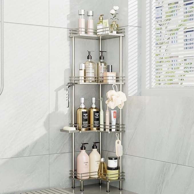 Consumest Corner Shower Caddy Standing - 4-Tier Stainless Steel Shower Organizer with Soap Holder and 4 Hooks, Large Capacity Corner Shelf Stand for Bathroom, Rest Room, Sand Nickel