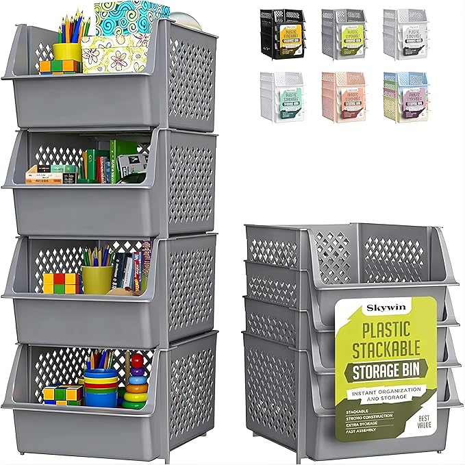 TidyFriend 4 Pack Stackable Storage Bins Open Front for Pantry Organizers and Storage, Pantry Storage for Food, Kitchen and Home Organization, Plastic Storage Bins, Dorm Room Essentials (Grey)