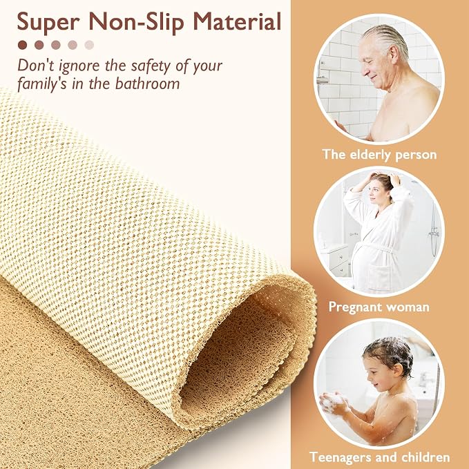 Shower Mat Non Slip 47x32 Inch, Quick Drying PVC Loofah Bath Mats, Easy Clean Soft Bathroom Rugs for Tub Floor, Shower, Khaki