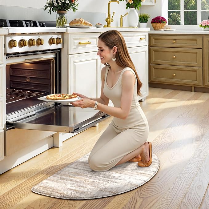 KIMODE Kitchen Mats for Floor Anti Fatigue, 18"x28" Half Round Cushioned Kitchen Floor Mat, Ergonomic Waterproof Standing Mat, Boho Kitchen Rug Non Skid for Sink Laundry Office Desk Light Brown