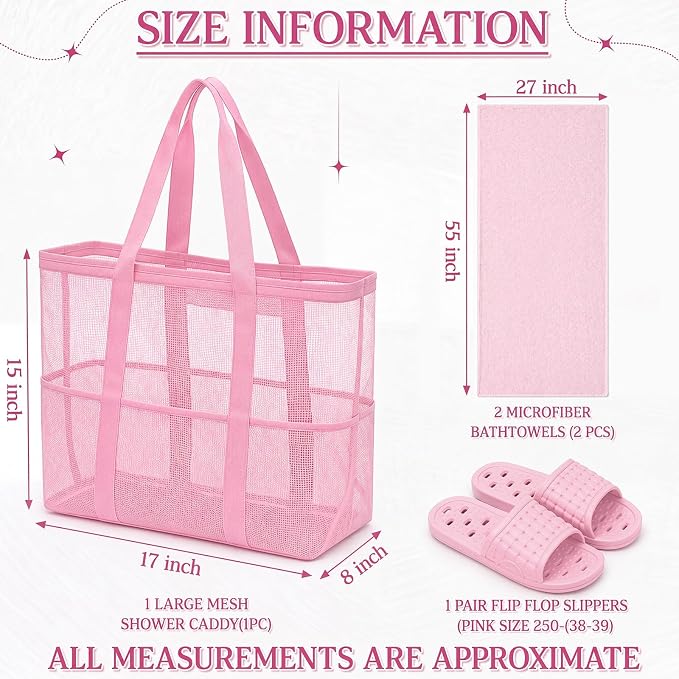 Hosuly 3-in-1 Dorm Shower Kit Large Mesh Shower Caddy, 2 Pack Quick Dry Microfiber Towels 28'' x 55''& Non-Slip Bathroom Shoes, and Quick Dry Gym Travel Kit for Women