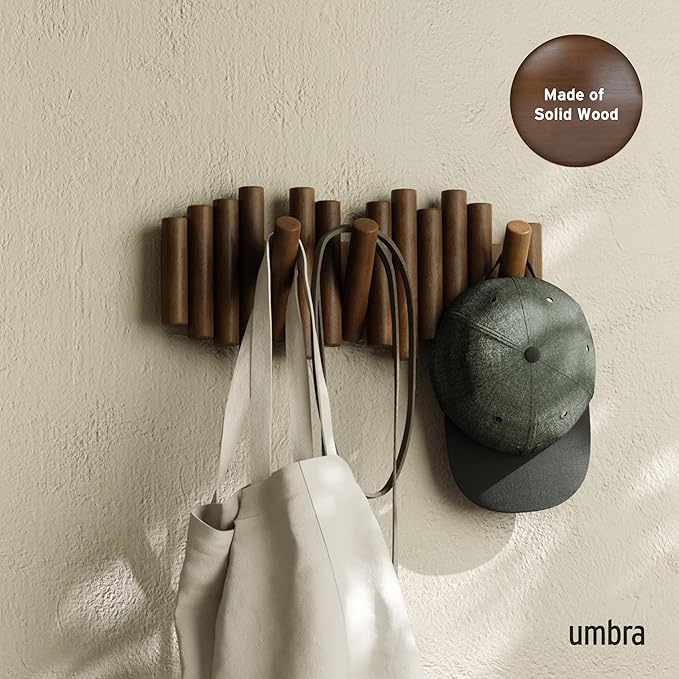 Umbra Picket Wall-Mounted Coat Rack Rail Hook with 5 Retractable Wood Pegs – Modern, Space-Saving Storage Organizer, Walnut