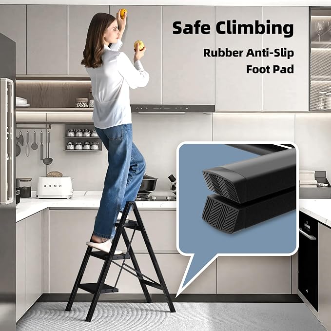 HillhutApex 3 Step Ladder, Lightweight Portable 3 Step Stool with Anti-Slip Wide Pedal, 330lbs Capacity Aluminum Ladder for Household,Office,Kitchen(Black)