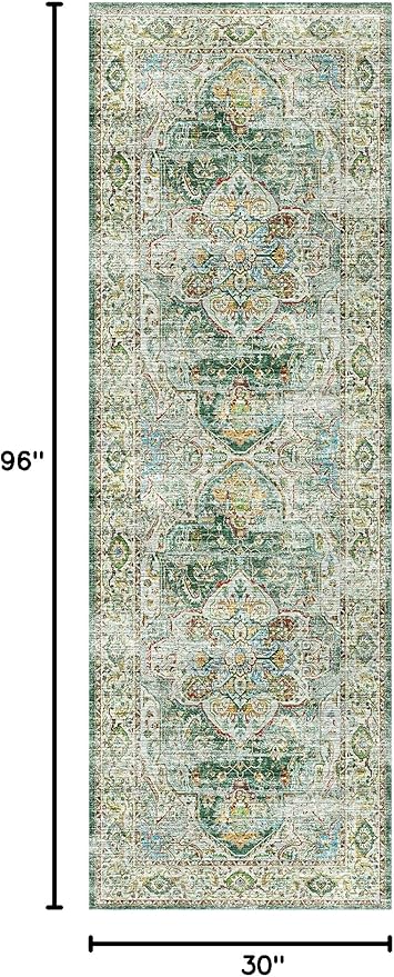 Madane Runner Rug 2'6''x8' Kitchen Runner, Hallway Runner Printed Vintage Washable Rugs Soft Non-Slip Low Pile Runners for Hallways Laundry Room Rug Distressed Rug, Green