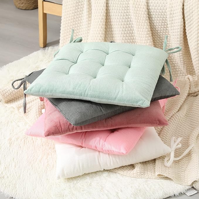 HLOVME Corduroy Chair Cushion with Ties Ultra Soft Warm Floor Cushion for Kids Reading Nook Comfortable Square Seat Cushion for Adult 15.7”x15.7” Set of 2, Pink