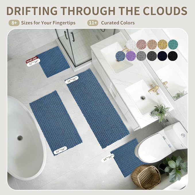Toilet Rugs U-Shaped Mat 24x24, Contour Bathroom Mat - Ultra Soft & Absorbent Chenille, Quick-Dry, Machine Washable with Non Slip Barrier Backing, Blue
