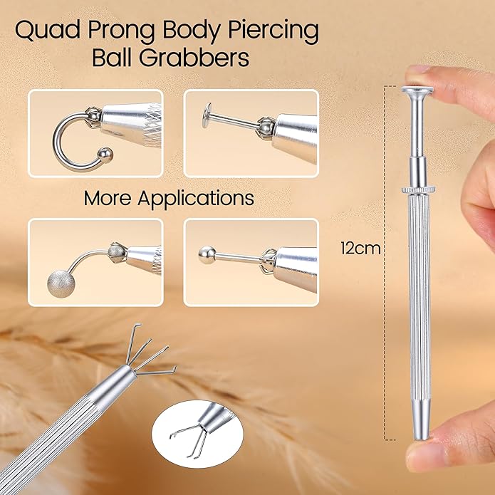 GEMQUEEN Piercing Taper Ball Grabber Tool for Changing Jewelry - 14G 16G 18G 20G Stainless Steel Flat Back Earrings Applicator Tool Threadless Insertion Pin Thread Body Piercing Kit for Ear Nose Lip