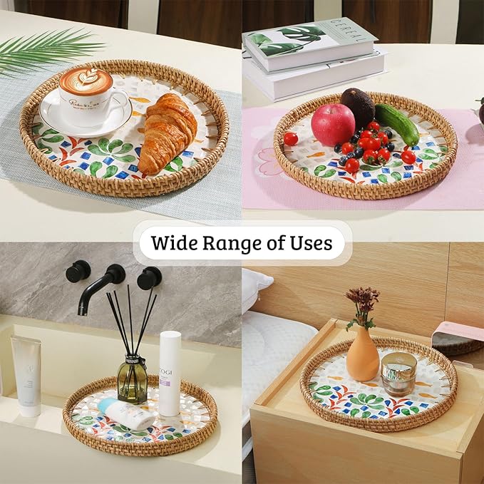 Round Rattan Tray with Mother of Pearl Inlay, Decorative Wicker Serving Tray with Wooden Base, Woven Basket Trays for Bread Fruits Coffee