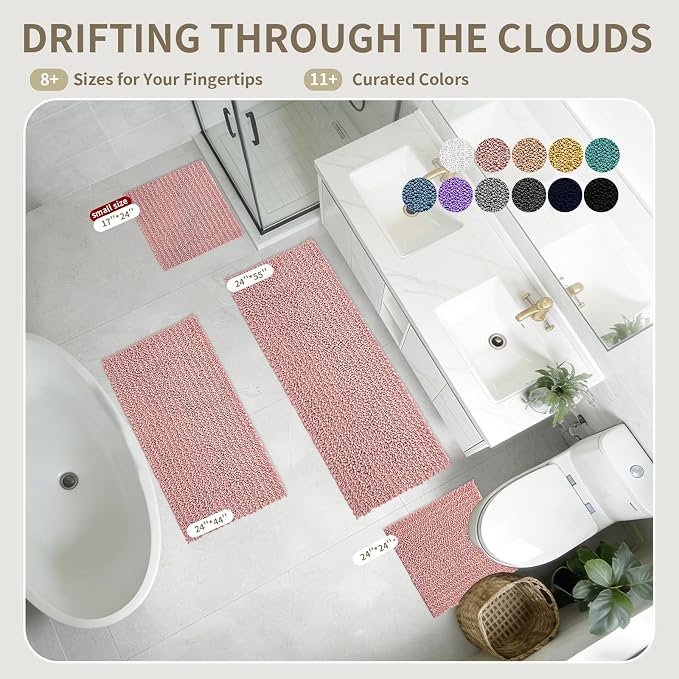 Bathroom Rugs Non Slip Washable 70x24, Extra Thick Soft Chenille Absorbent Bath Mat, High Density Barrier Non Slip Backing, Quick Dry Plush Shaggy Floor Carpet for Tub&Shower, Pink