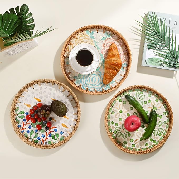 Round Rattan Tray with Mother of Pearl Inlay, Decorative Wicker Serving Tray with Wooden Base, Woven Basket Trays for Bread Fruits Coffee