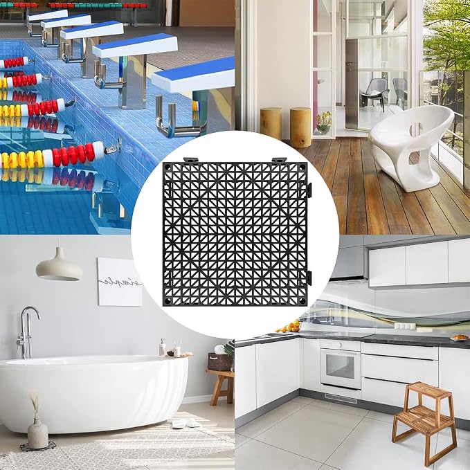 ToLanbbt Modular Interlocking Cushion 24P 11.8" x 11.8" Interlocking Rubber Floor Drain Holes Non-Slip Splicing Drainage Mats for Deck, Shower, Kitchen, Drain Pool, Sauna Bath, Indoor Outdoor (Black)