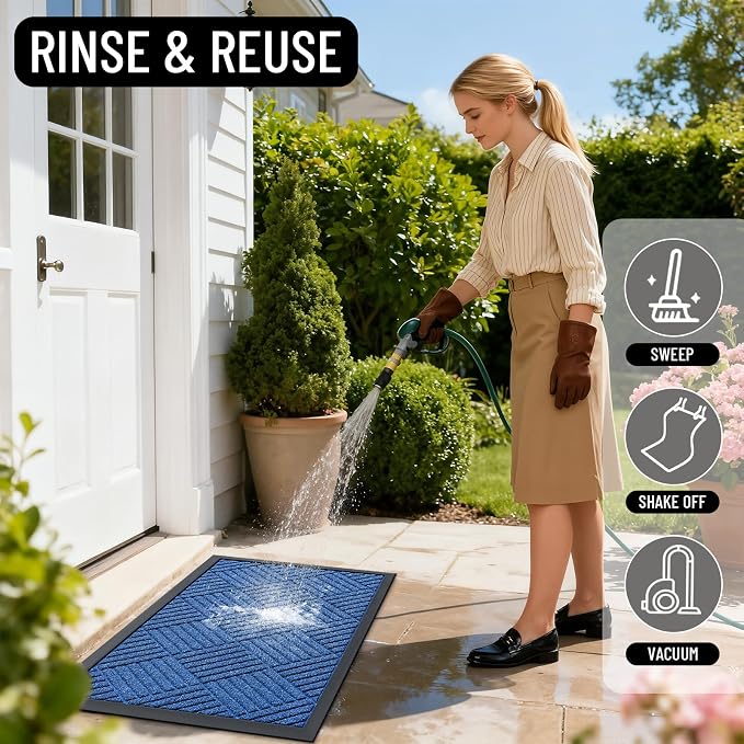 OLANLY Front Door Mat Outside Entrance 47x32, Absorbent, Heavy Duty Sturdy Natural Rubber Doormat Indoor Outdoor, Stain Fade Resistant, Non-Slip Low Profile Floor Mat for Entryway, Ocean Blue Diamond