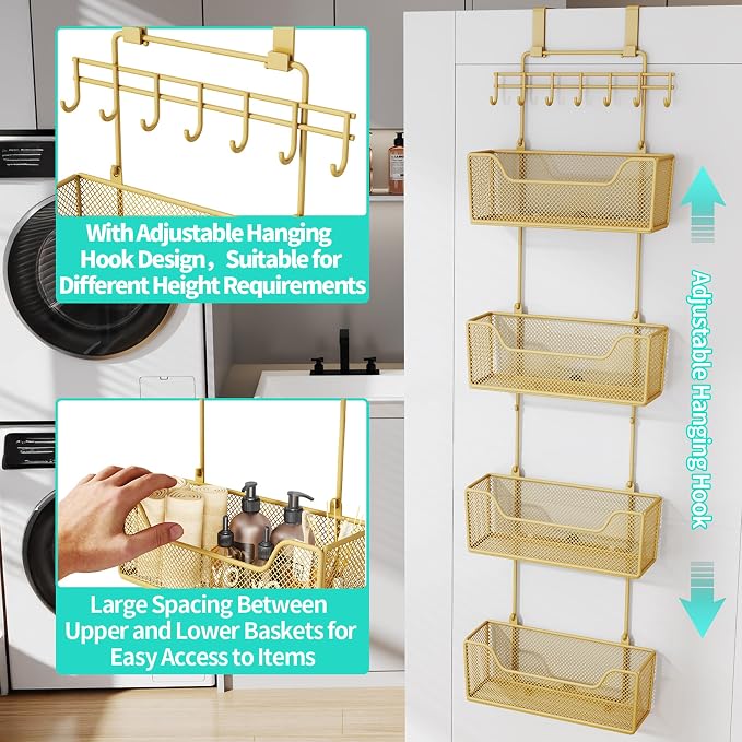 HapiRm Over The Door Organizer - Hanging Door Organizer with 4 Metal Large Capacity Baskets and Adjustable Coat Hook for Bathroom Bedroom Kitchen Pantry Closet Cabinet