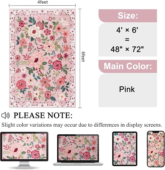 DUKINO 4x6 Area Rug, Floral Rugs for Living Room, Lightweight Non Slip Washable Rug, Indoor Low Pile & Non-Shedding Boho Design Rugs for Bedroom, Living Room, Dining Room, Pink