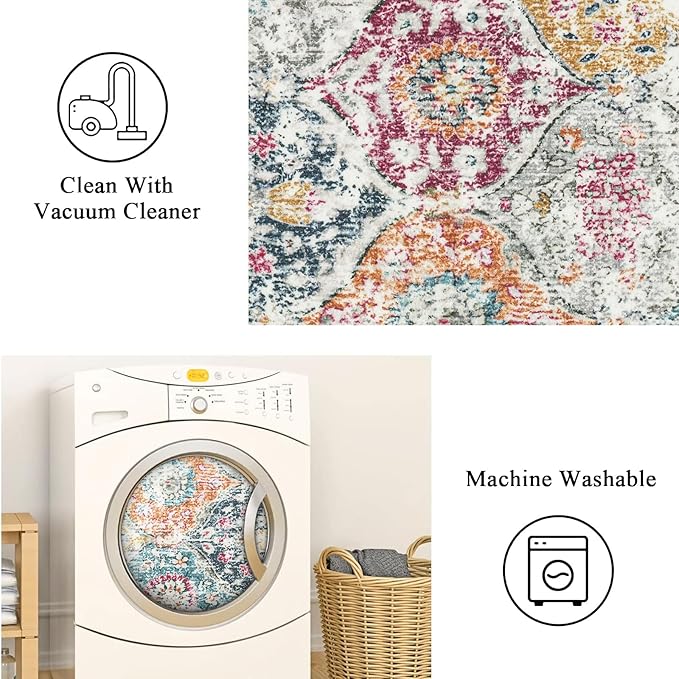 Lahome Moroccan Trellis Washable Small Area Rug, 3x5 Black Rug for Bedroom Living Room, Non-Slip Oriental Accent Throw Carpet for Kitchen Office Entryway Bathroom Office Elise, Aqua/Multi