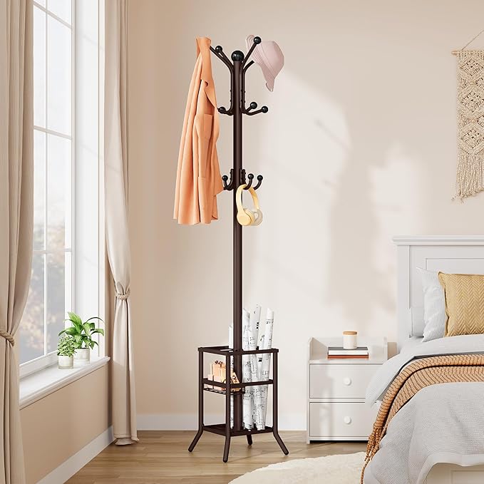 FAVOOSTY Coat Rack Freestanding,Coat Rack Stand with Umbrella Holder,Metal Coat Tree with 12 Hooks,Tree Clothes Hat for Entryway, Hallway, Bedroom, Living Room & Office -Brown