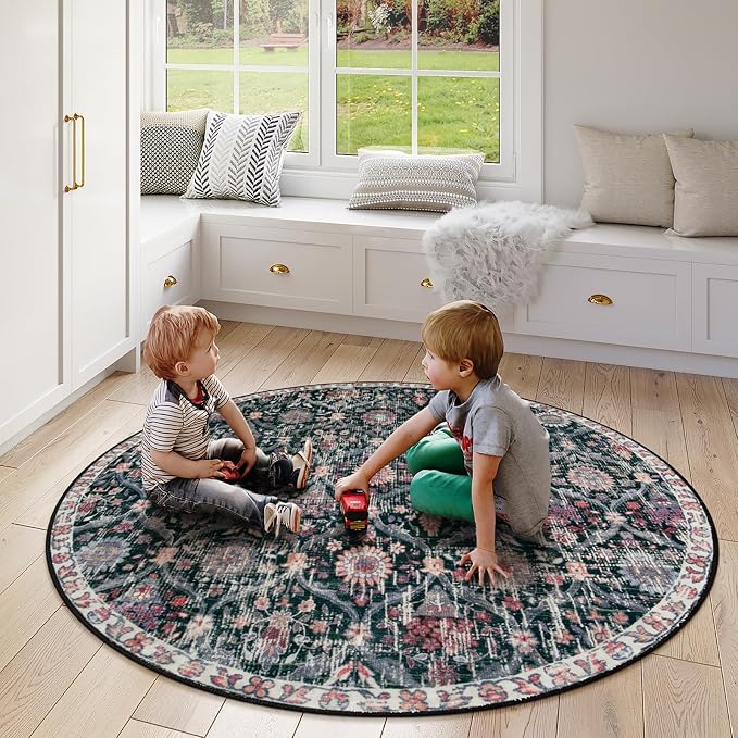 Lahome Moroccan Trellis Round Area Rugs, Washable Small Round Rug 3ft Non-Slip, Soft Vintage Ultra-Thin Circle Carpet for Bedroom Entryway Kitchen Laundry Bathroom Elise, Black/Multi