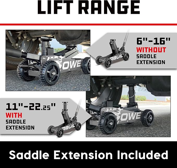 Powerbuilt 1.5 Ton Big Wheel Off Road Jack, Vehicle Lift for Trucks, SUVs, ATVs Offroad Vehicles, Oversized Wheels for Rugged Terrain, 3000 LB Capacity, Grey 620627ECE