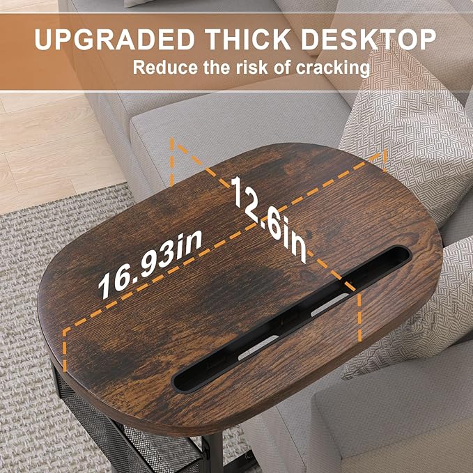 Fashion TV Tray Table with Large Tabletop, Adjustable Sofa Table with Storage Baskets, Strong Metal Frame, Tv Dinner Tray Table for TV Watching, Meals, Snacks (Oval, Brown, 16.93inch x 12.6inch)