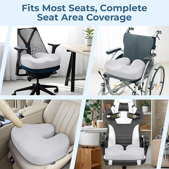 5 STARS UNITED Seat Cushion - Memory Foam Chair Cushion for Tailbone Pain Relief - Ergonomic Support for Coccyx, Sciatica & Butt - Office, Desk & Gaming Chair, Car Seat, Wheelchair, Light Gray Mesh