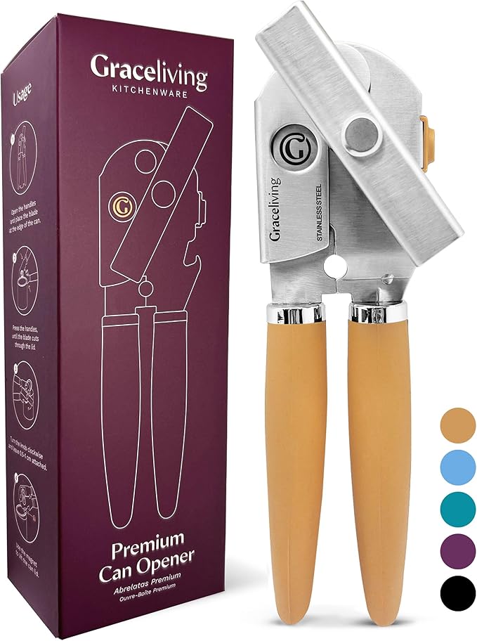 Premium Multifunction Magnetic Manual Can Opener and Bottle Opener, Heavy Duty Stainless Steel Sharp Cutting Blade and Oversized Easy Turn Knob, Soft-Touch Handle, Kitchen Use (Orange)