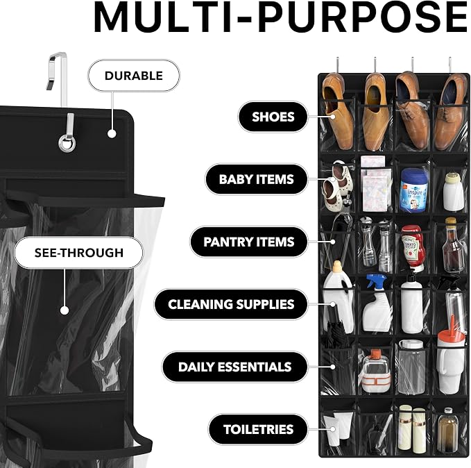 Simple Houseware 24 Pockets Large Clear Pockets Over The Door Hanging Shoe Organizer, Black (56" x 22.5")