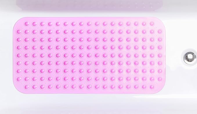 Large Non-Slip Bathtub & Shower Mat 31”x16” (Smooth/Non-Textured Tubs Only) Safe, Clean, Machine-Washable, Superior Grip&Drainage, Vinyl, Transparent Pink