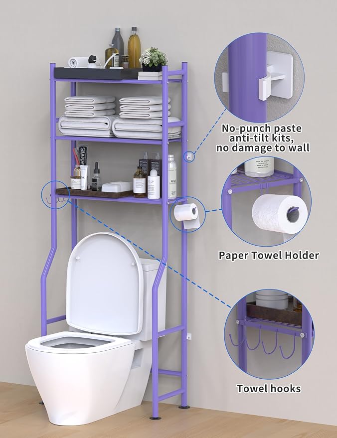 Livilord 3-Tier Over The Toilet Storage, Freestanding Metal Bathroom Shelves with 4 Hooks, Over Toilet Storage Shelf with Paper Holder, Above The Toilet Shelf for Bathroom Storage, Purple