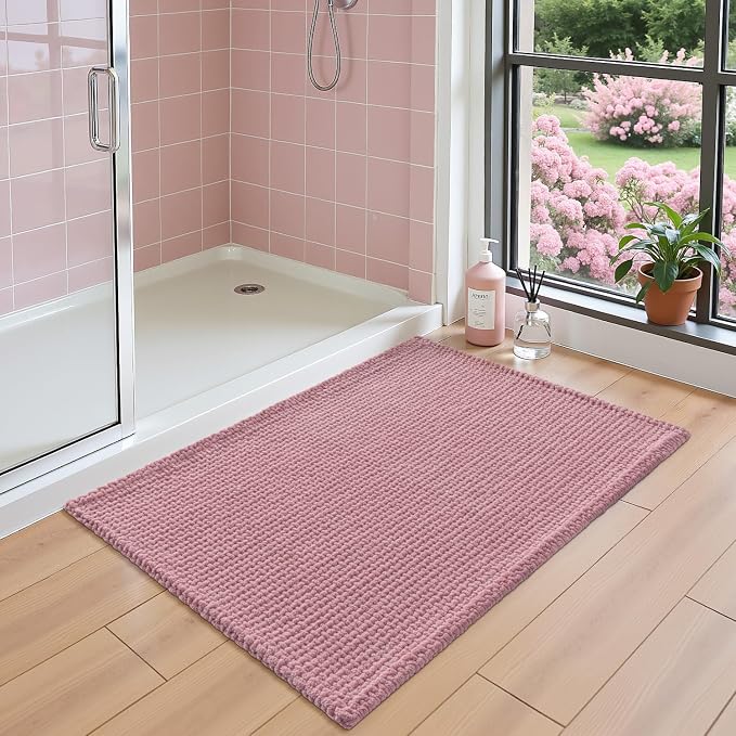 DEXI Bathroom Rugs 24x16, Non Slip Washable Bath Mat, Absorbent Chenille Bathmat, Ultra Soft Thick Carpet for Tub Shower Floor, Pink