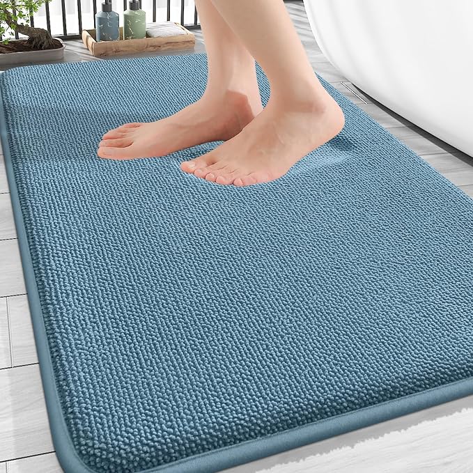 OLANLY Thick Memory Foam Bath Mat Rug 32x20, Extra Soft Absorbent Bathroom Rug, Quick Dry Bath Mats, Non-Slip, Machine Washable Carpet for Bathroom, Tub and Shower, Home Decor Accessories, Airy Blue