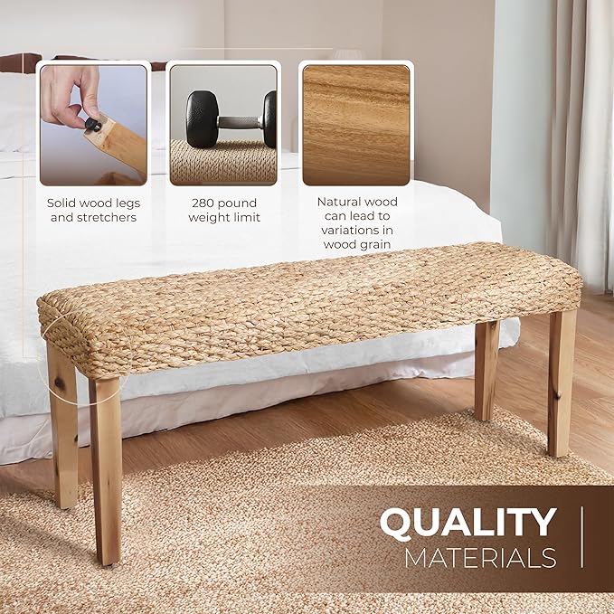 Indoor Bench Wicker for Entryway Bench, Wood Bench for Living Room Dining Bench or End of Bed Bench, 47" Boho Bench with Solid Wood Acacia & Natural Woven Seat, Rustic Farmhouse Rattan Hallway Bench