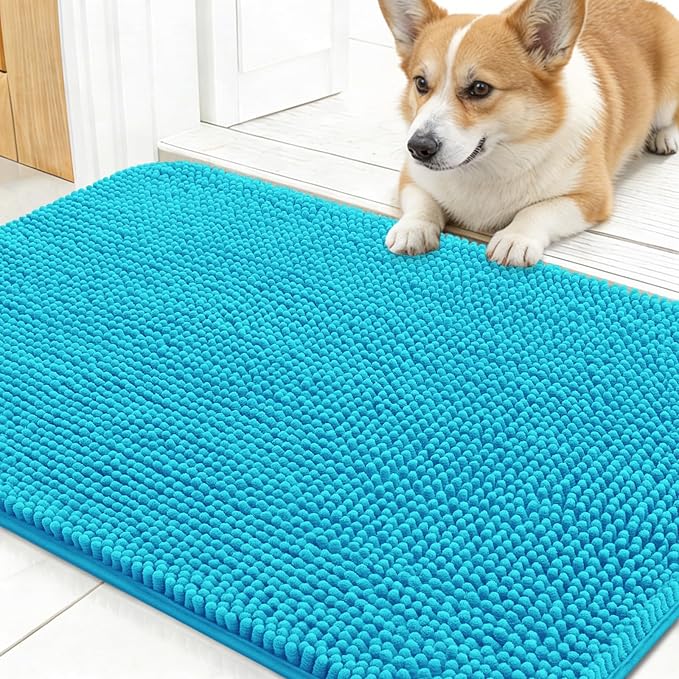 OLANLY Dog Door Mat for Muddy Paws 30x17, Absorbs Moisture and Dirt, Absorbent Non-Slip Washable Doormat, Quick Dry Chenille Mud Mat for Dogs, Entry Indoor Entryway Carpet for Inside Floor, Aqua Blue