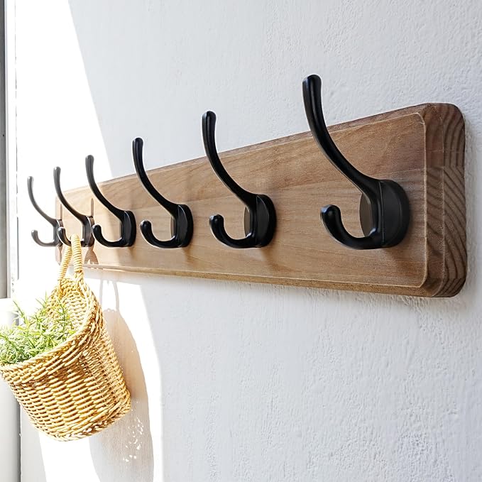 Dseap Coat Rack Wall Mount: 24" Long, Patented, Heavy-Duty, 6-Double-Hooks Wooden Hanger Hook Rail for Winter Coats Hat Jacket Clothing, Weathered Brown
