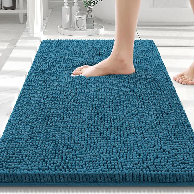 Smiry Luxury Chenille Bathroom Rugs 30x20, Extra Soft and Absorbent Shaggy Bath Mat, Machine Washable, Non-Slip Plush Carpet Runner for Tub, Shower, and Floor, Home Decor Accessories, Peacock Blue