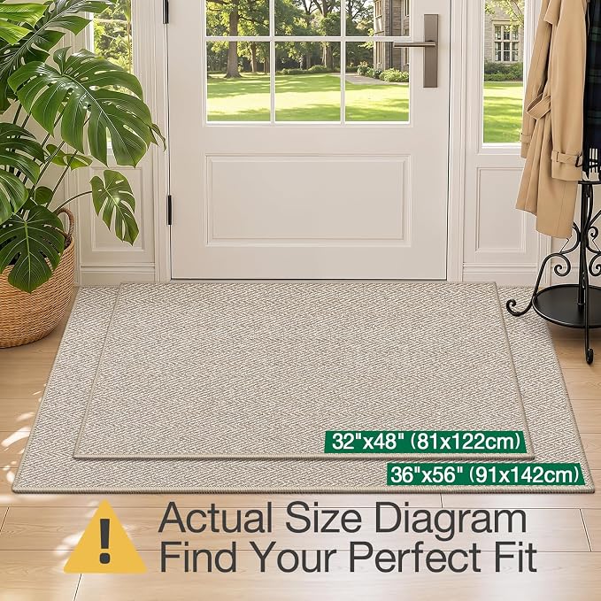 LUMI Ultra Thin Indoor Door Mat for Entrance 32"x48", Non Slip Entryway Mat, Low Profile Doormat, Unique Herringbone Design Carpet for Inside, Patio, Porch, Beige