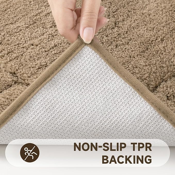 Pauwer Bathroom Rugs Set 5 Piece Non Slip Washable Bath Mat Set with U Shaped Contour Toilet Rugs Plush Absorbent Microfiber Shower Mat and Toilet Lid Cover for Bathroom, Khaki