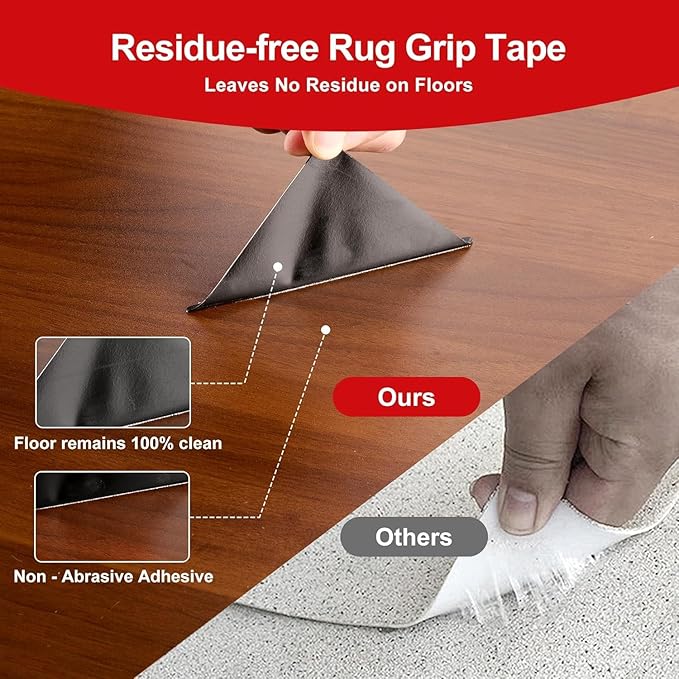 Tiumso 12Pcs Rug Gripper, Double Sided Carpet Tape for Area Rugs, Non Slip Rug Pads Grippers for Hardwood, Tile and Laminate Floors, Rug Corner Grippers for Preventing Curling and Bunching, Black
