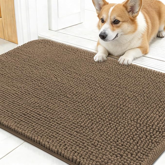 OLANLY Dog Door Mat for Muddy Paws 24x16, Absorbs Moisture and Dirt, Absorbent Non-Slip Washable Doormat, Quick Dry Chenille Mud Mat for Dogs, Entry Indoor Entryway Carpet for Inside Floor, Tan