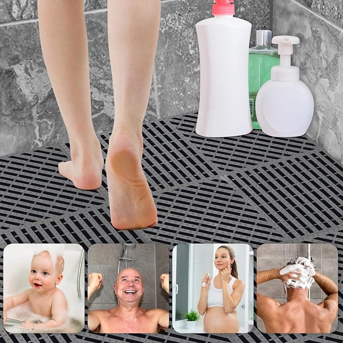 ToLanbbt Modular Interlocking Cushion 12P 11.8" x 11.8" Interlocking Rubber Floor Drain Holes Non-Slip Splicing Drainage Mats for Deck, Shower, Kitchen, Drain Pool, Sauna Bath (Dark Grey, 1 Rows Dots)