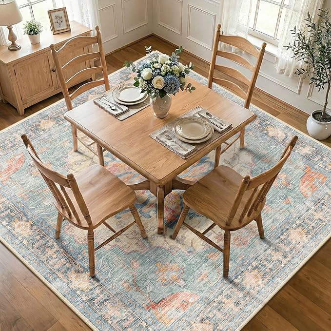 RELEANY Area Rugs Square 8ft Washable Non-Slip, Floral Vintage Distress Medallion Carpet for Living Room Bedroom Dining Room, Blue Orange Red