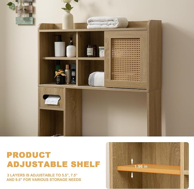 SUNTAGE 6Tier Over The Toilet Storage Cabinet, Freestanding Above Toilet Space Saver Rack w/Adjustable Shelves, Sliding Door, Multifunctional Over Toilet Organizer for Bathroom (Burlywood)