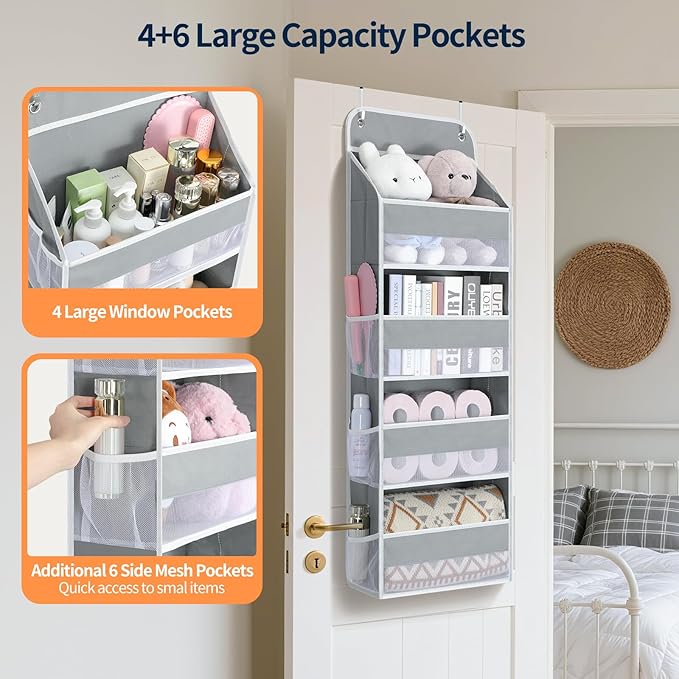 Yecaye Over The Door Organizer, Heavy Duty Hanging Organizers and Storage with 4 Large Capacity Pockets, Swing-Proof Behind The Door Storage for Bathroom Nursery Bedroom Dorm Closet, Grey,1Pc