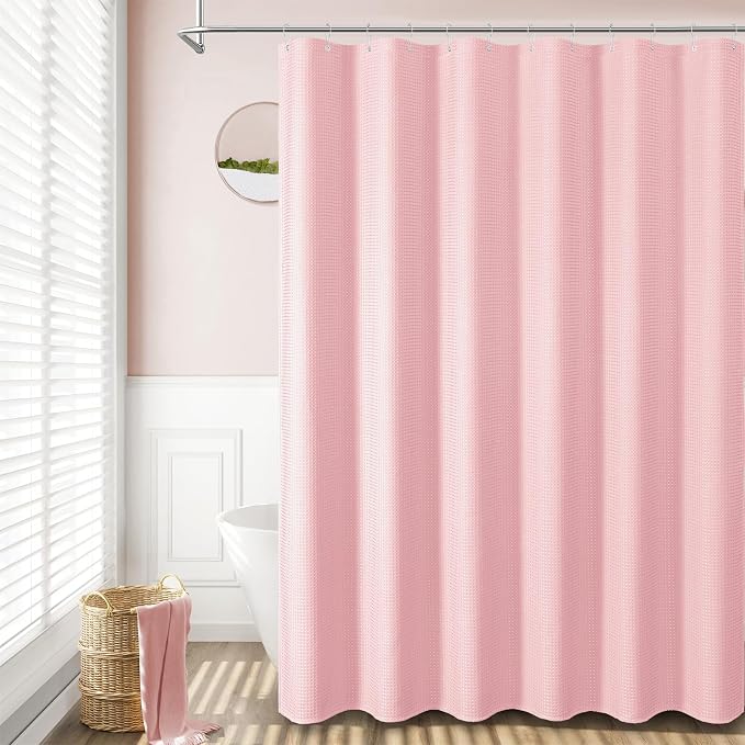 Dynamene Extra Long Shower Curtain - 84 Inch Long Waffle Weave Heavy Duty Fabric Bathroom Shower Curtain, Neutral Weighted Hotel Thick Bath Curtain Set with 12 Plastic Hooks,72x84, Pink