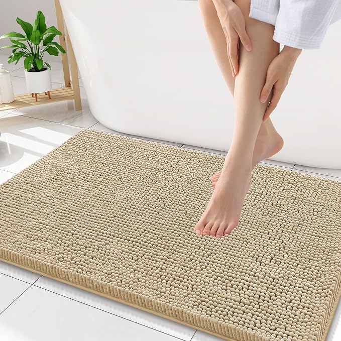 Smiry Luxury Chenille Bathroom Rugs 34x21, Extra Soft and Absorbent Shaggy Bath Mat, Machine Washable, Non-Slip Plush Carpet Runner for Tub, Shower, and Floor, Home Decor Accessories, Beige