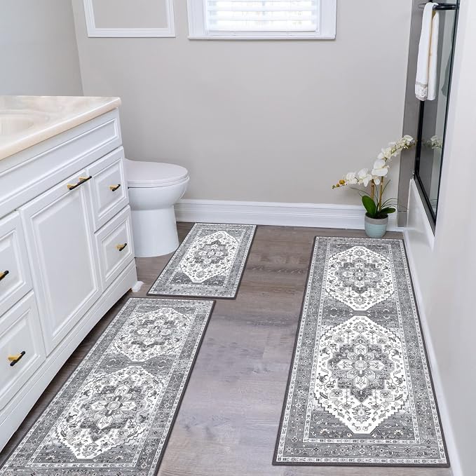 HEBE Boho Kitchen Rug Sets 3 Piece with Runner Non Slip Kitchen Rugs and Mats Washable Kitchen Mats for Floor Thick Kitchen Floor Mat Carpet Runner Rugs for Hallway Laundry Holiday Decor