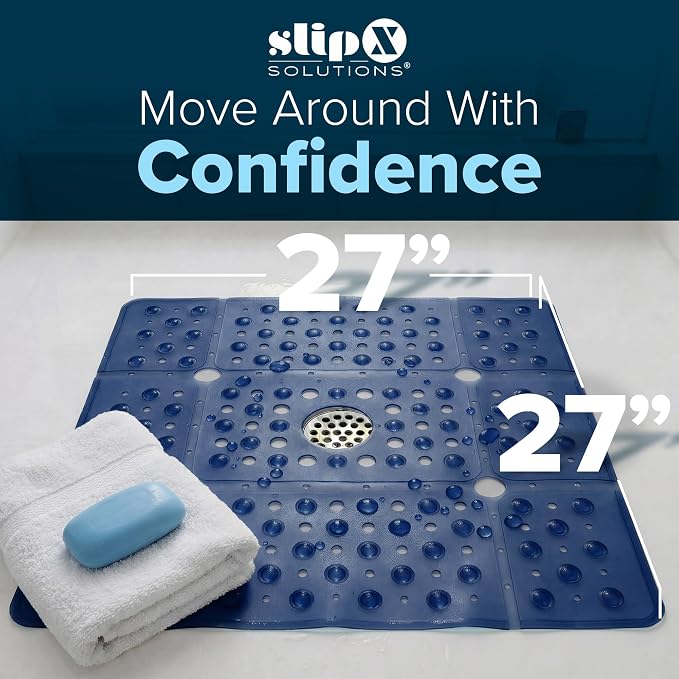 SlipX Solutions 27" Oversize Square Shower Mat, Non-Slip Mat for Elderly & Kids, 100+ Power Grip Suction Cups for Smooth Surfaces, Machine Washable, Navy